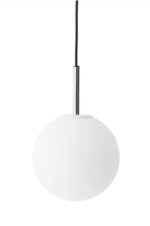 Suspension globe en verre opalin blanc mat tige acier brillant